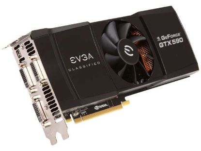 Picture of EVGA 03G P3 1598 K2 GeForce GTX 590 Classified 3072 MB GDDR5 PCI Express 2.0 3DVI/Mini-Display Port SLI Ready