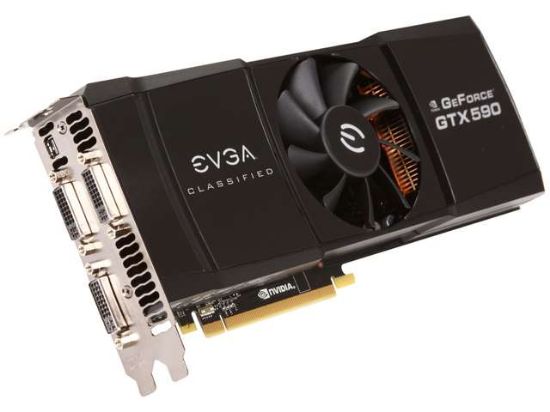 Picture of EVGA 03G-P3-1598 KS GeForce GTX 590 Classified 3072 MB GDDR5 PCI Express 2.0 3DVI/Mini-Display Port SLI Ready