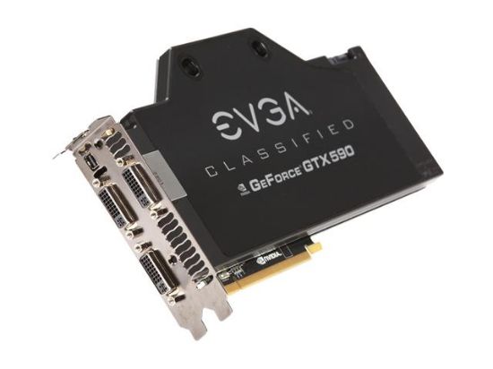 Picture of EVGA 03G-P3-1599 A1 GeForce GTX 590 (Fermi) Classified Hydro Copper 3072MB 768-bit GDDR5 PCI Express 2.0 x16 HDCP Ready SLI Support Video