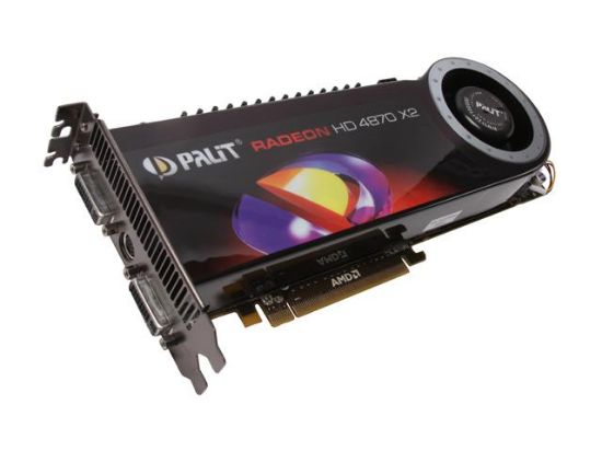 Picture of PALIT AE=487X2+T34 Radeon HD 4870 X2 2GB 512-bit (256-bit x 2) GDDR5 PCI Express 2.0 x16 HDCP Ready CrossFireX Support Video Card