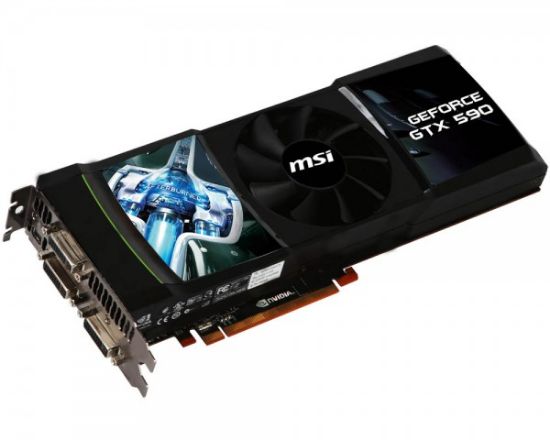 Picture of MSI N590GTX P3D3GD5 GeForce GTX 590 3072 MB GDDR5 PCI Express 2.0 3DVI/Mini-Display Port SLI Ready